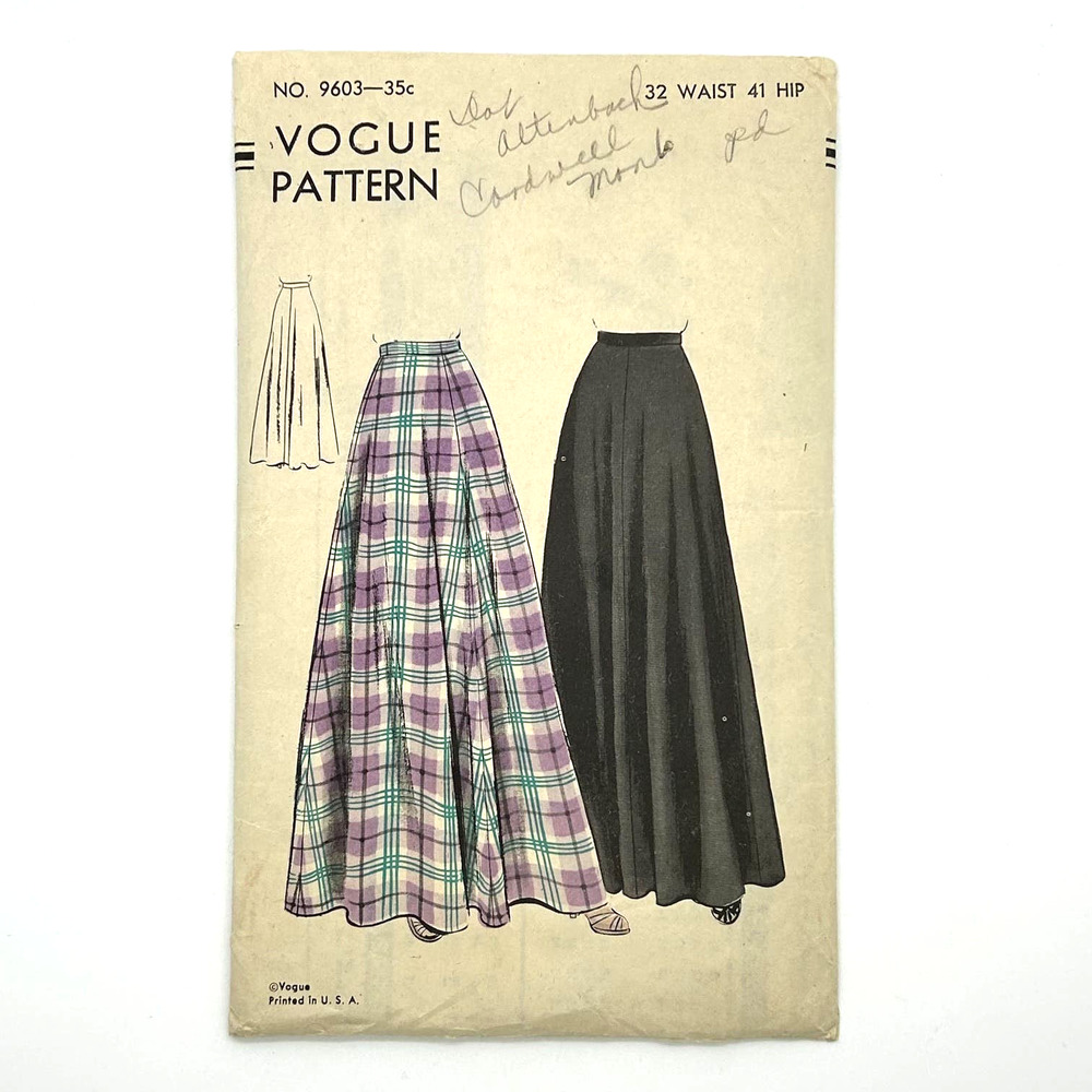 Vogue Vintage 1940's Pattern #9603 Flared Maxi Skirt Waist 32 Hip 41